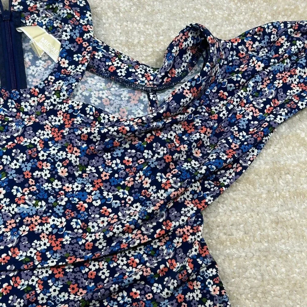 Michael Kors Dress Womens XS Navy Floral Cold Shoulder Ruffle Zipper Casual